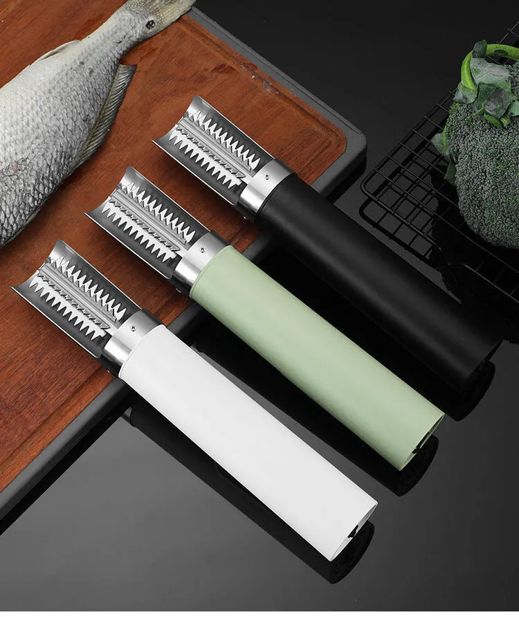 Handheld rechargeable electric fish scaler with 125W motor and seven-level waterproof specification, shown in white, black, or light green.