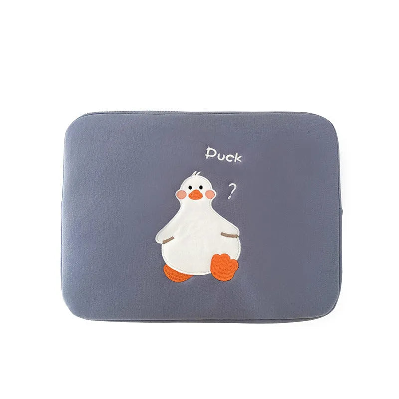 Blue cotton tablet case with duck embroidery, zipper closure, and 11inch to 15to16inch size options