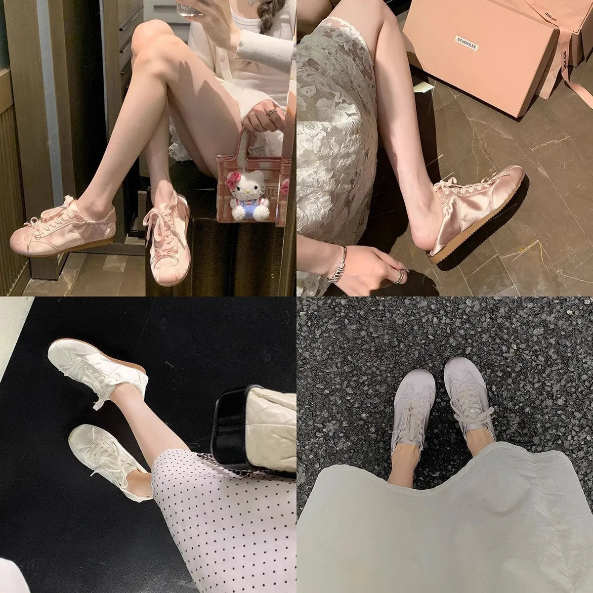 Women's champagne pink satin ballet flat shoes with a round toe and white front lace-up detail.
