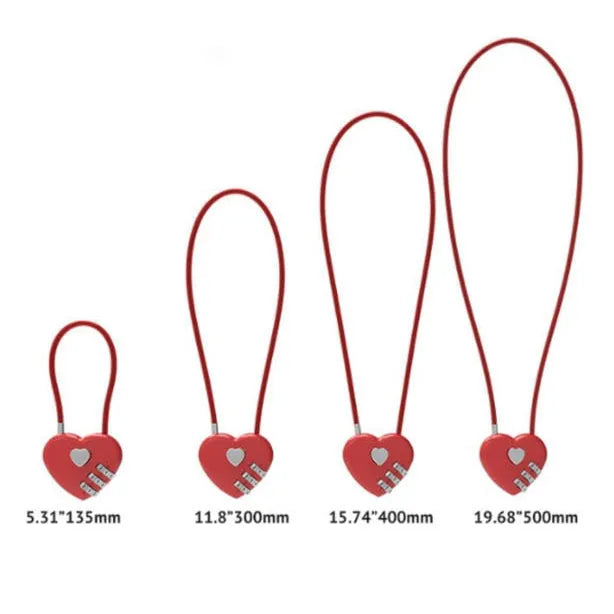 Peach heart-shaped wire rope padlock with a coiled steel cable, shown in various colours.