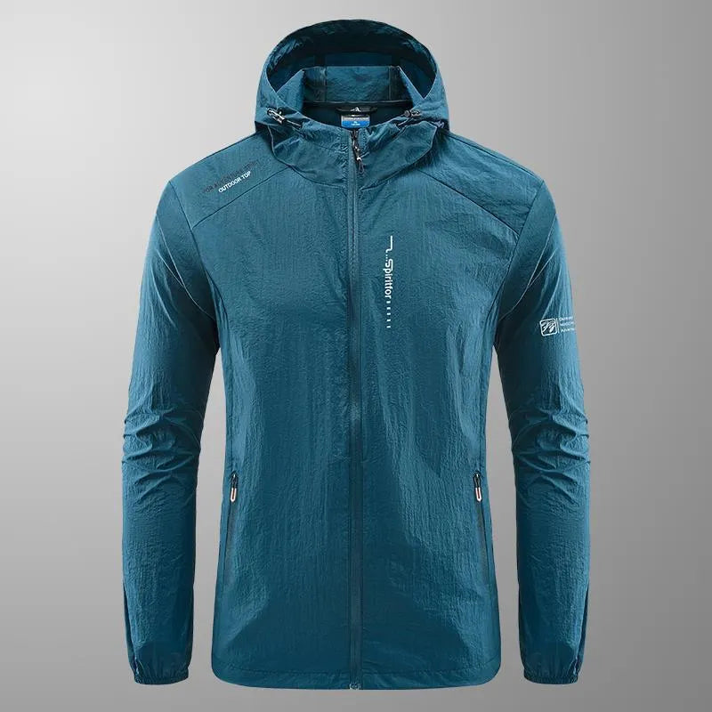 Men's thin nylon hooded jacket in light grey colour showing loose fit summer design