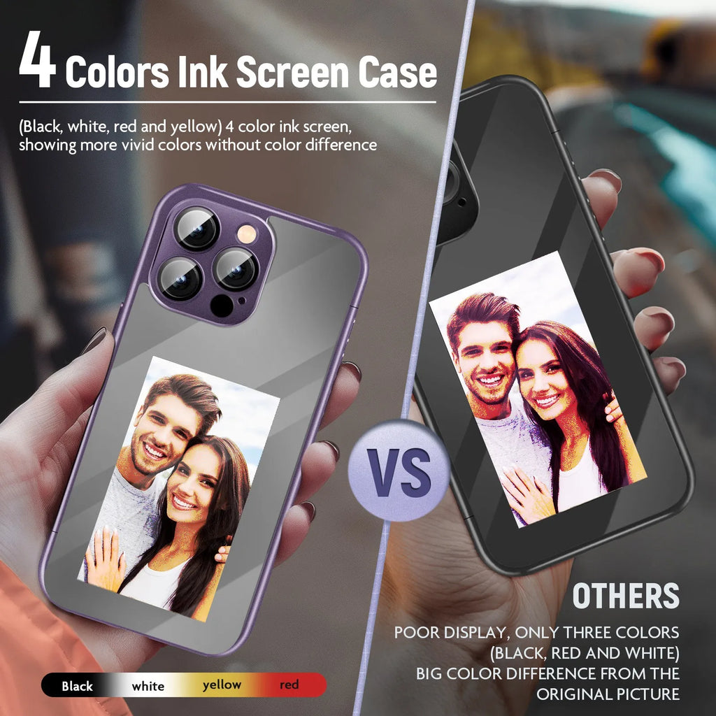 Black iPhone 15 Pro Max flip case with NFC ink screen for custom designs