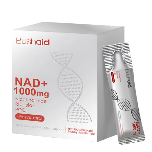 Bottle or sachet of anti-ageing drink powder supplement with nicotinamide riboside and PQQ.