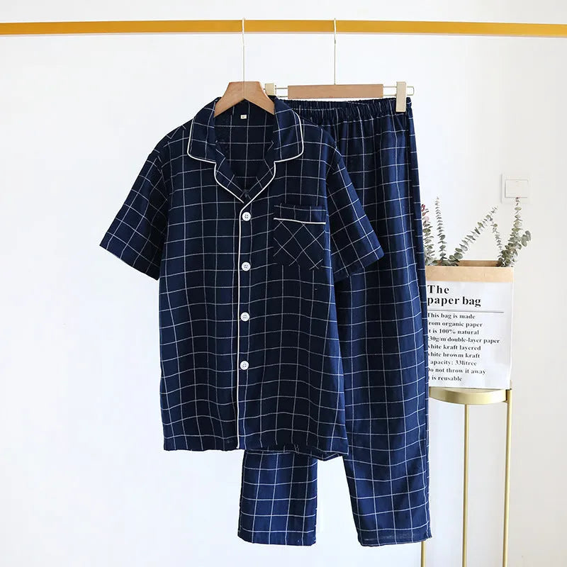 Men's cotton single-line plaid short-sleeved pajama suit with full trousers, gray colour, on plain background