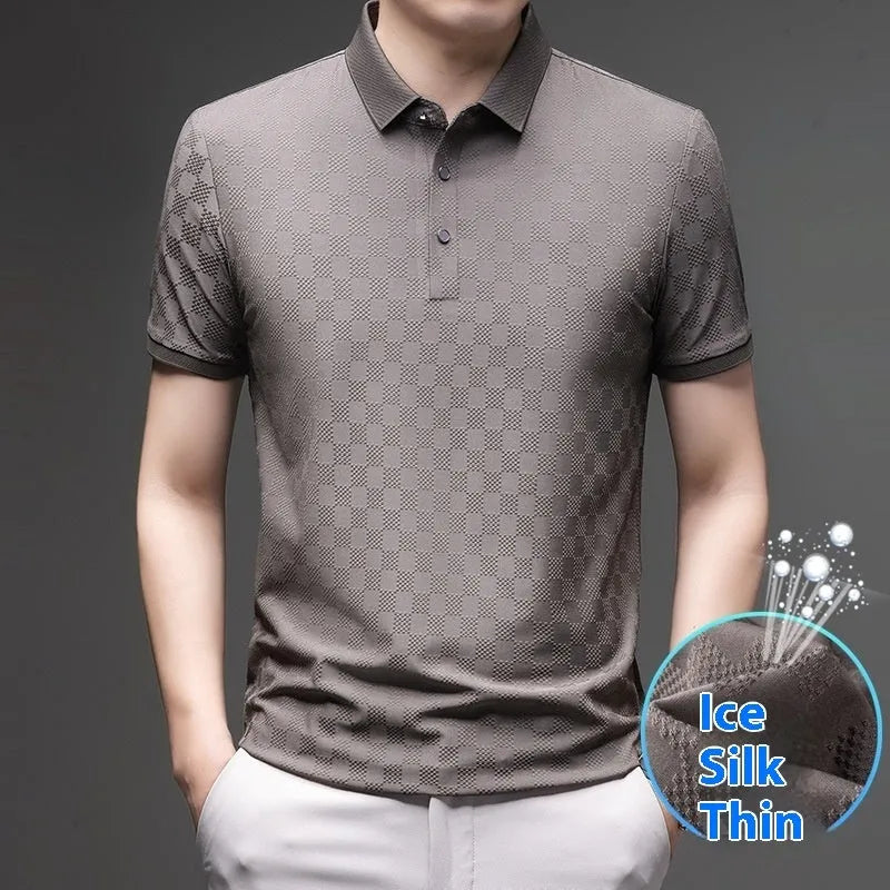 Rhombus pattern thin ice silk short sleeve T-shirt with a slit design, shown in black.