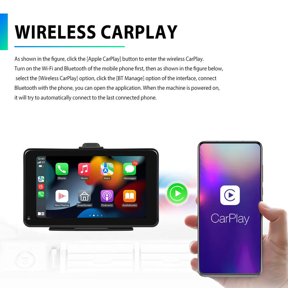 7-inch HD wired smart screen player with display showing menu, alongside its universal vertical and suction cup mounting supports.