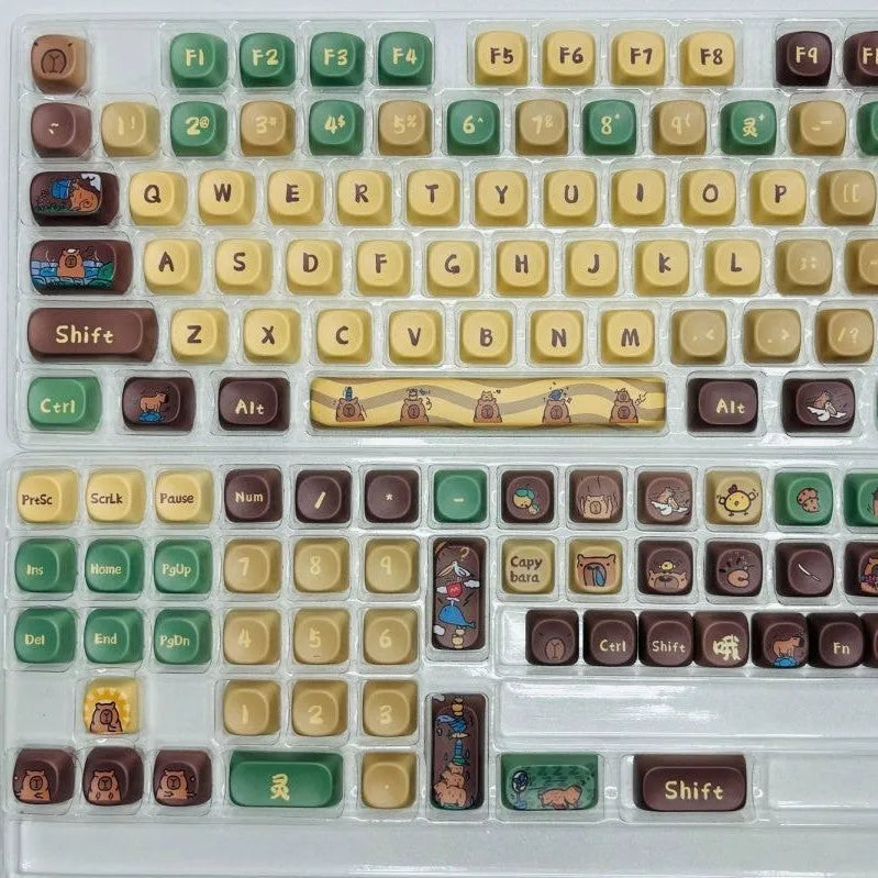 Capabala PBT Girl MOA height 130-key mechanical keyboard keycap set laid out, showing colourful design.