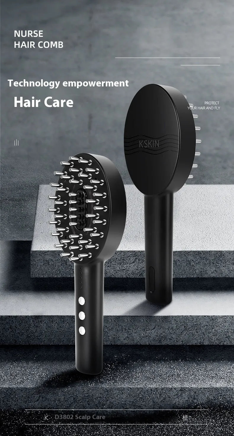 KD3802 Black handheld scalp massage device with charging cable on white background
