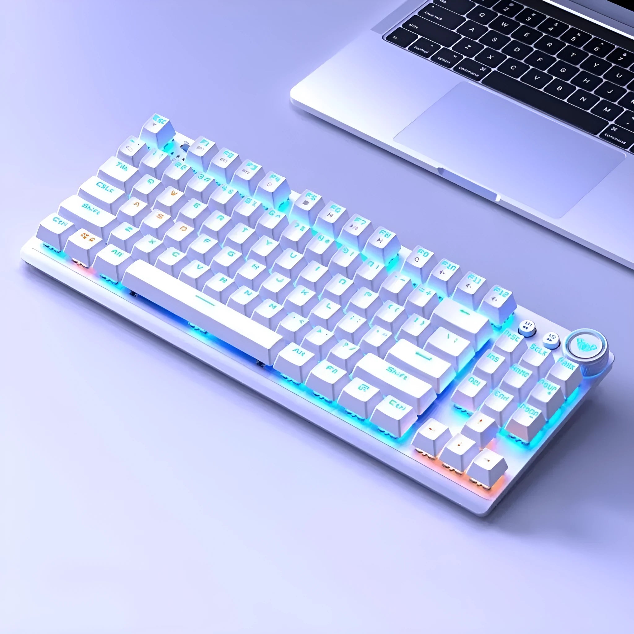 Wireless mechanical keyboard with side-engraved keycaps and metal construction showing multiple colour options