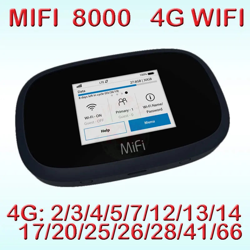 Black 4G portable WiFi router, model mifi8000, 10 × 20 × 3 cm, battery included