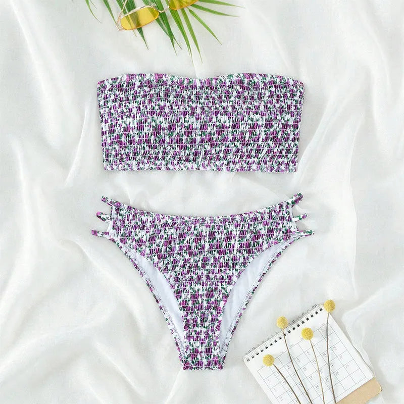 Women's strapless floral swimsuit with high-waist briefs on a mannequin