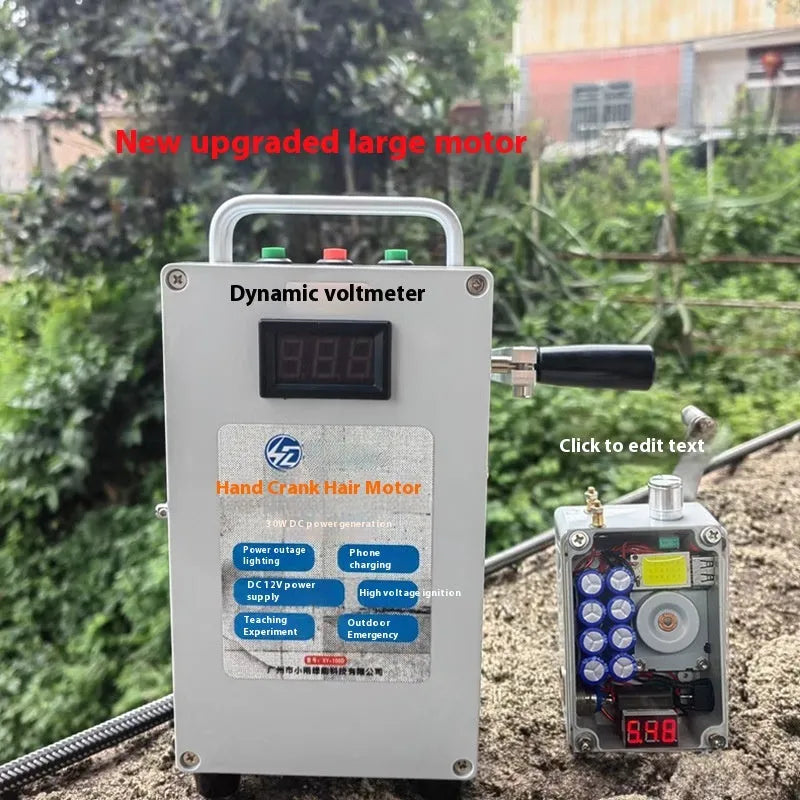 Hand cranked generator with 20F supercapacitor, USB 5V output, digital display, and plastic shell