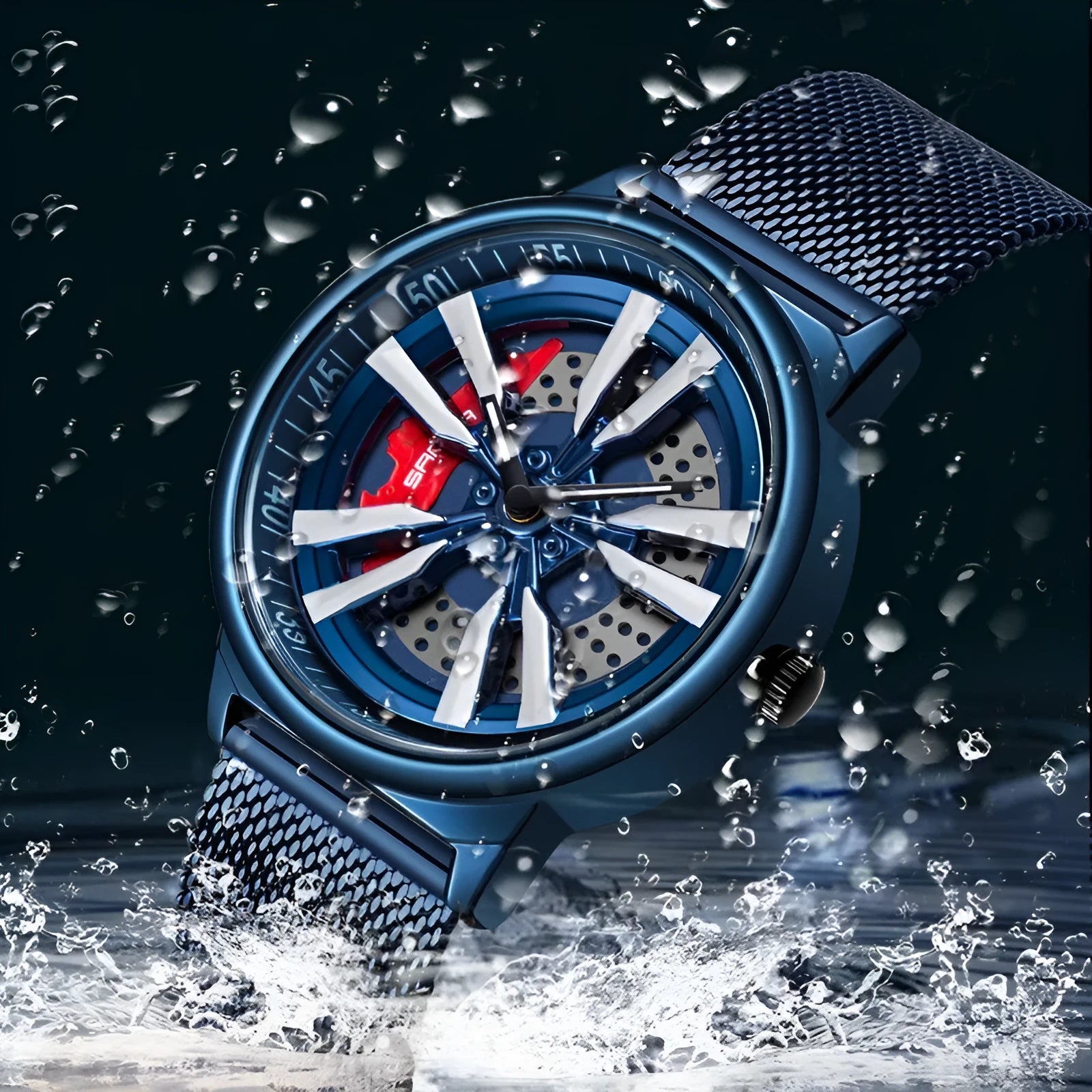 Men's creative rotating wheel quartz watch, 44mm dial, alloy case, mineral glass, on blue mesh belt