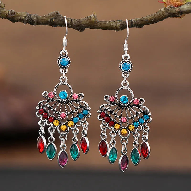 Purple retro crystal long fringe drop earrings with ethnic style details on an alloy base.