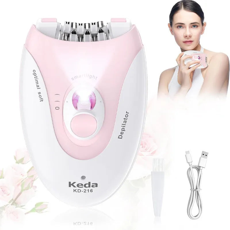 Portable USB hair removal epilator device in KEDA-216 colour with brush cleaning accessory