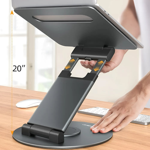 Aluminum alloy laptop bracket with adjustable base and 360-degree rotation on a desk