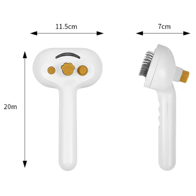 White pet grooming brush with steam spray function and self-cleaning feature for dogs and cats