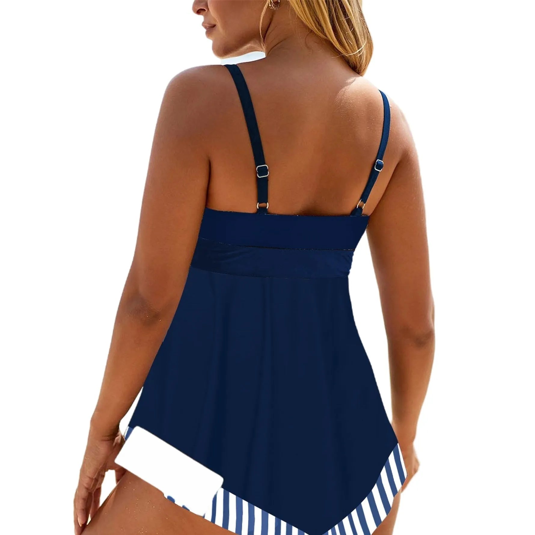 Plus size green two-piece bikini with brief-style bottoms and backless top on a mannequin