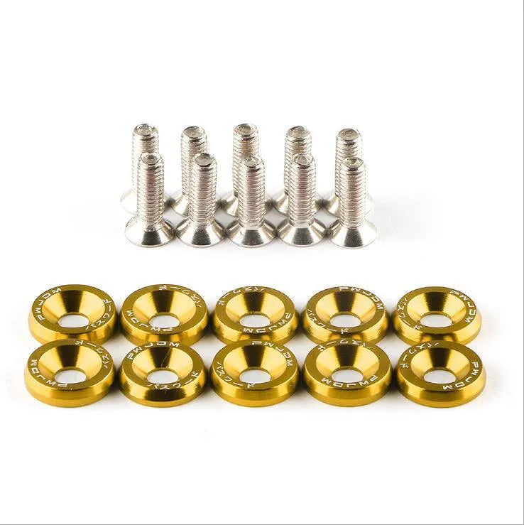 Car modification gasket screw and washer kit in eight colour options including black, red, blue, and gold yellow