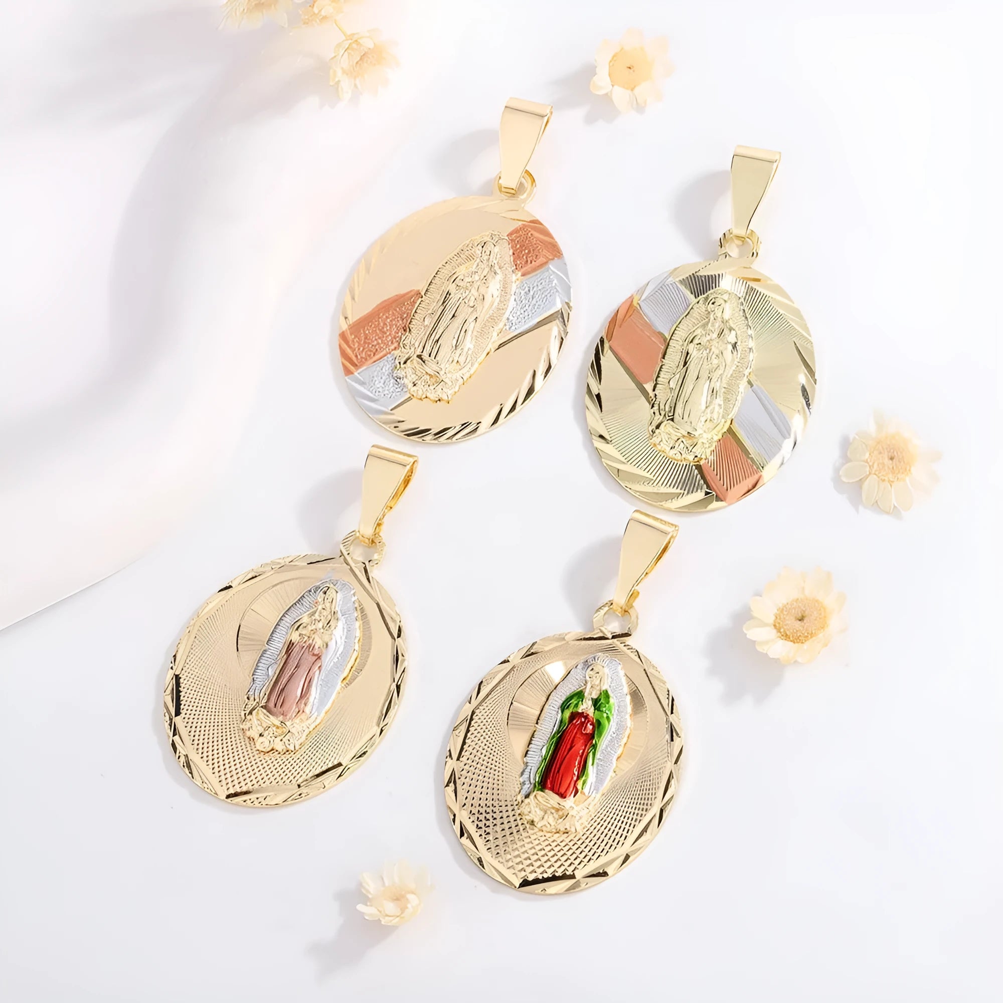 Virgin Mary copper laminate gilded painting pendant with electroplated finish, women's religious necklace accessory