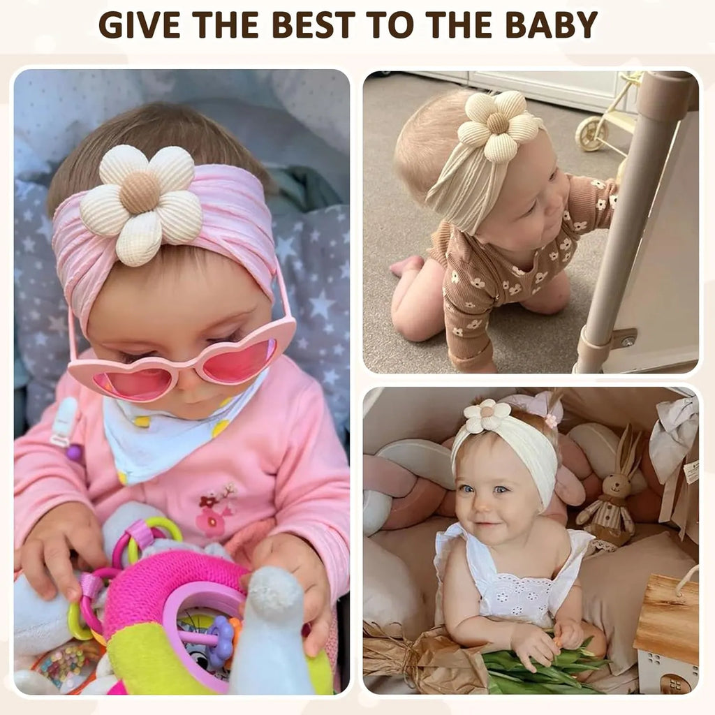 Soft nylon baby flower headbands for newborns, toddlers, in beige, pink, khaki, brown, white colours