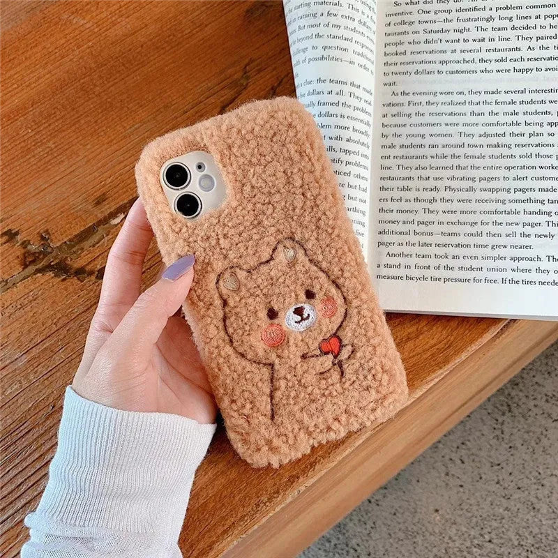 Plush love bear rabbit TPU phone case in pink and brown for iPhone models