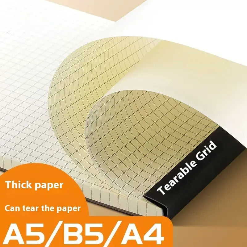 A5, B5, and A4 tearable writing pads showing blank, grid, and horizontal line page options.