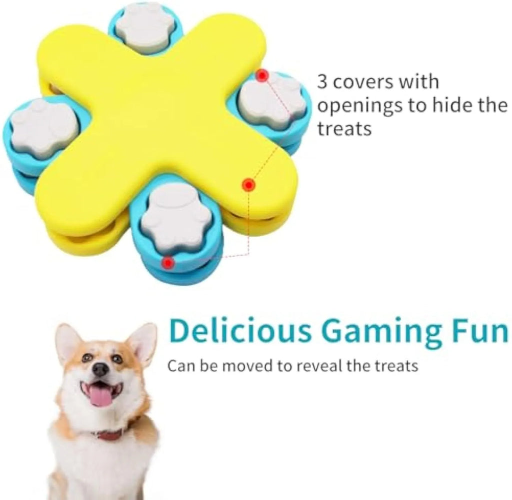Yellow dog puzzle feeder toy with rotating lids on a non-slip base