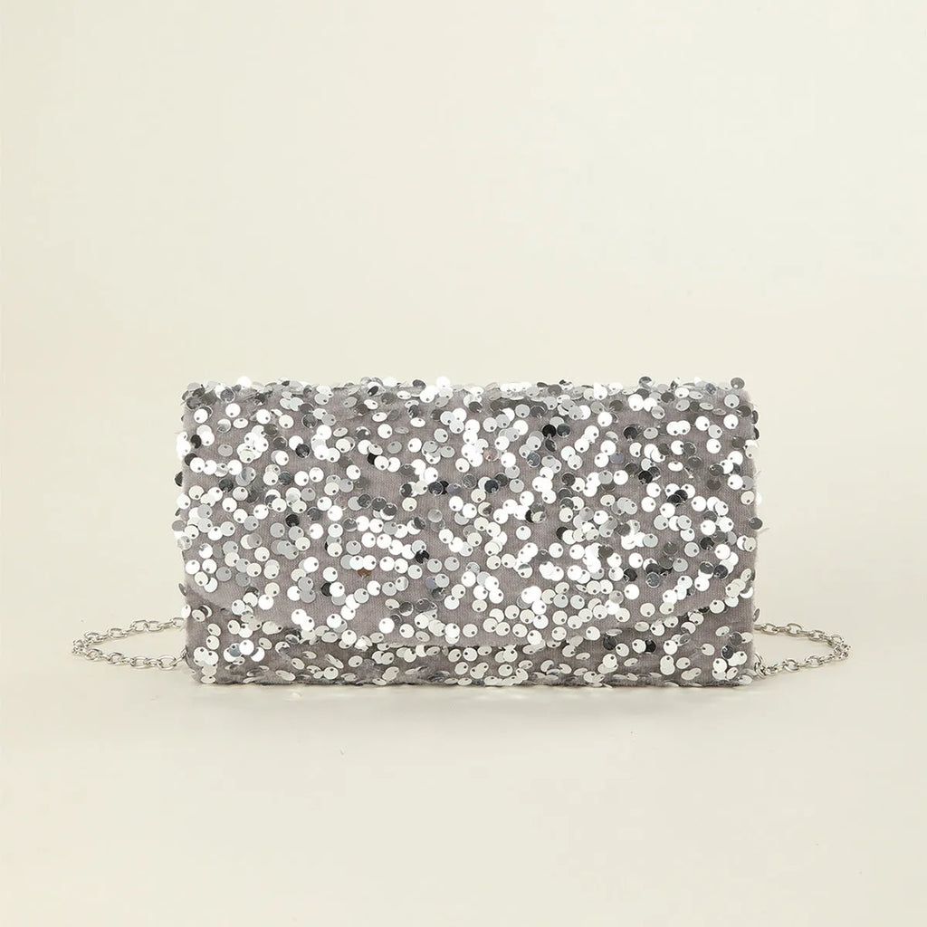 Sequin glitter chain women's party dinner bag in black or silver, 20x5x10cm horizontal square with phone compartment