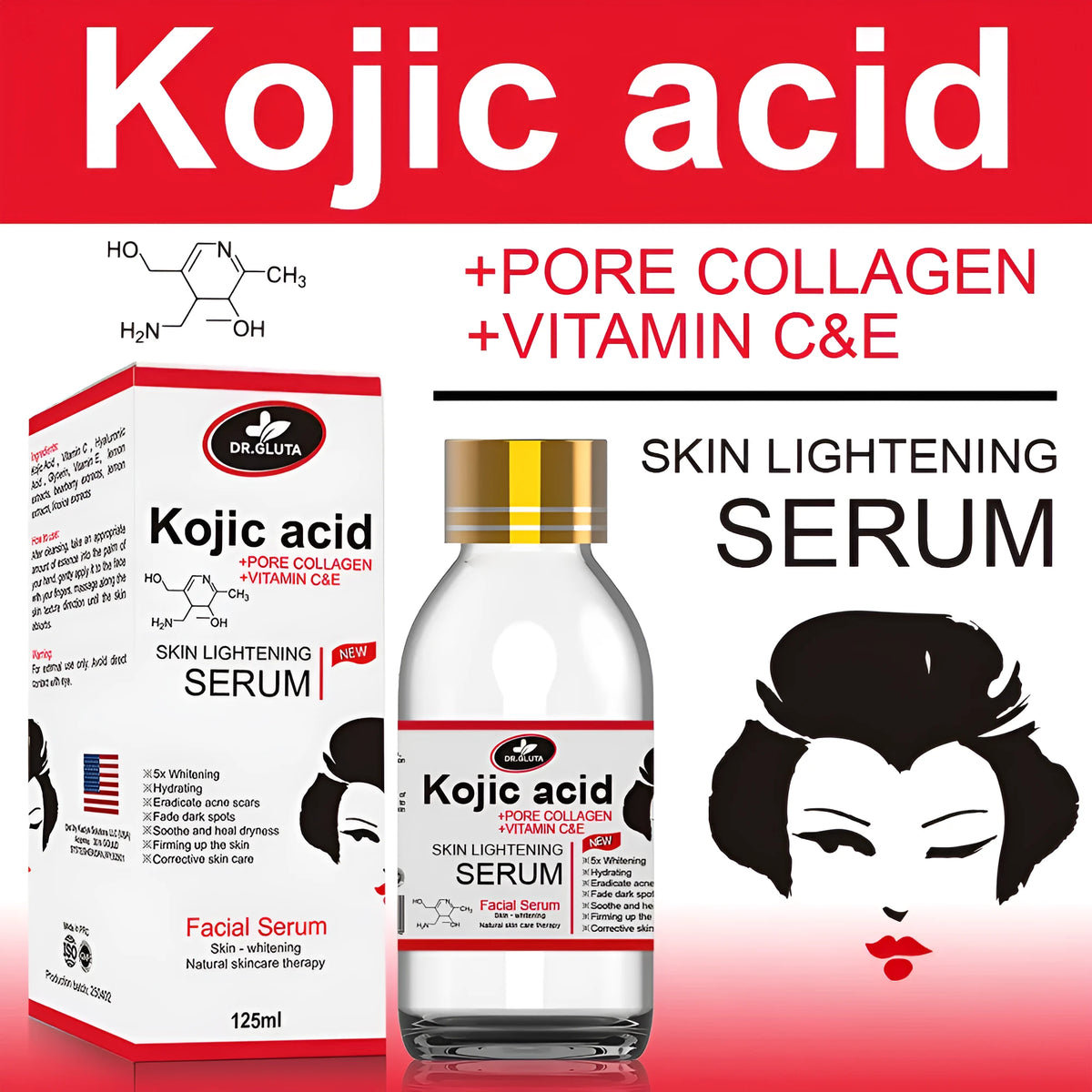 125ml kojic acid serum bottle for uneven skin tone and dull skin, natural skin care face serum