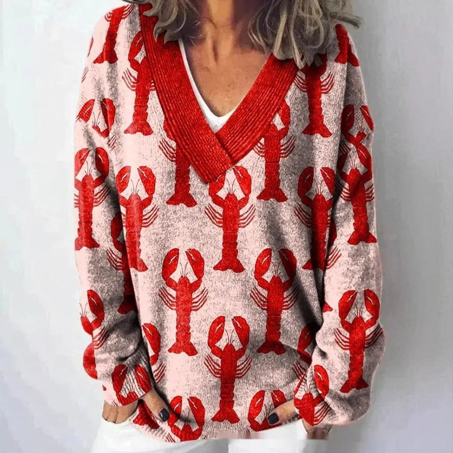 Women's V-neck sweatshirt with 3D floral pattern in art retro style, long sleeves, pullover design