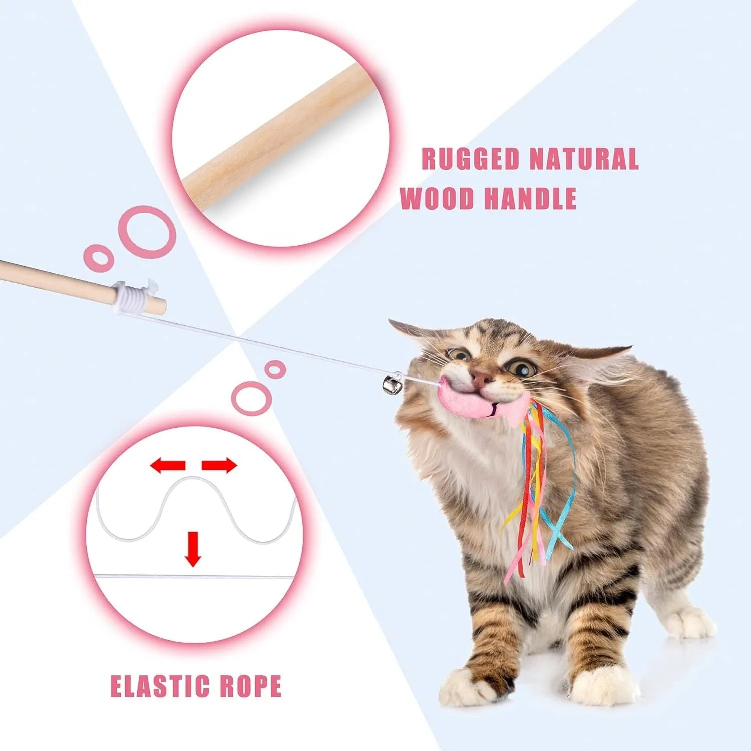 Cat wand toy with catnip fish, colourful ribbons and bell on natural wooden handle