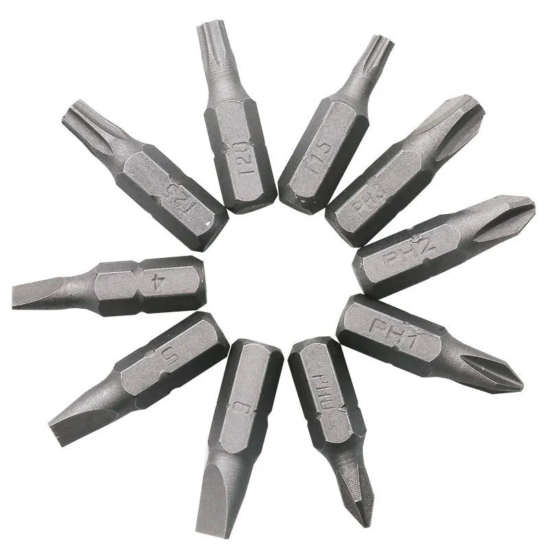 L-shaped double-headed socket wrench with ten screwdriver bits on white background