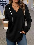 Women's black V-neck hooded sweatshirt with loose fit and regular long sleeves for autumn wear