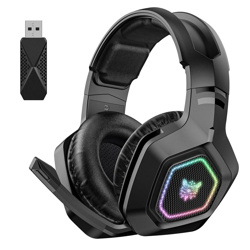 Black or white wireless gaming headset with RGB lights, showing its lightweight 24g design.