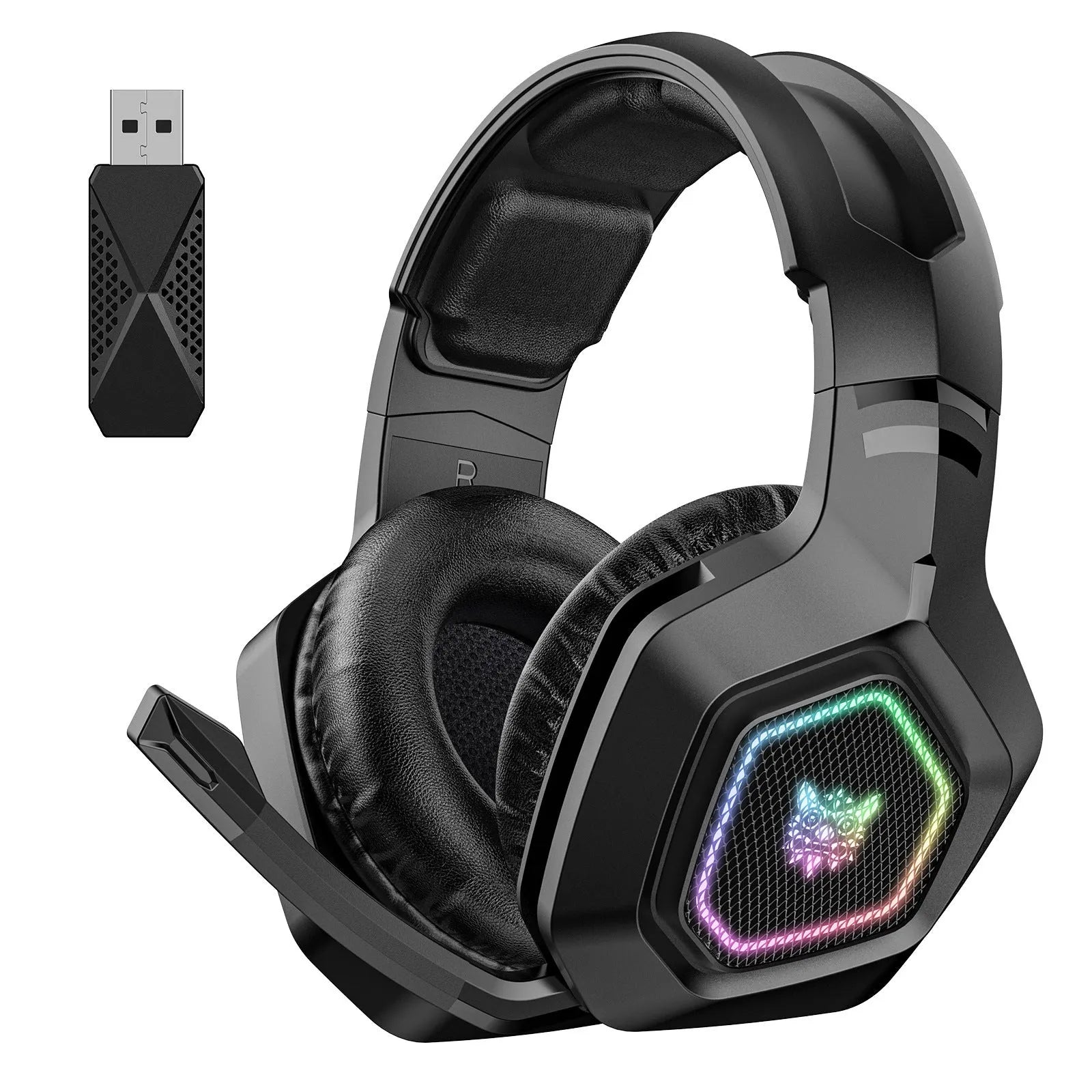 Black or white wireless gaming headset with RGB lights, showing its lightweight 24g design.