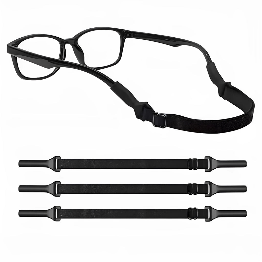 Black adjustable glasses cord strap with silicone ends shown on a pair of spectacles.