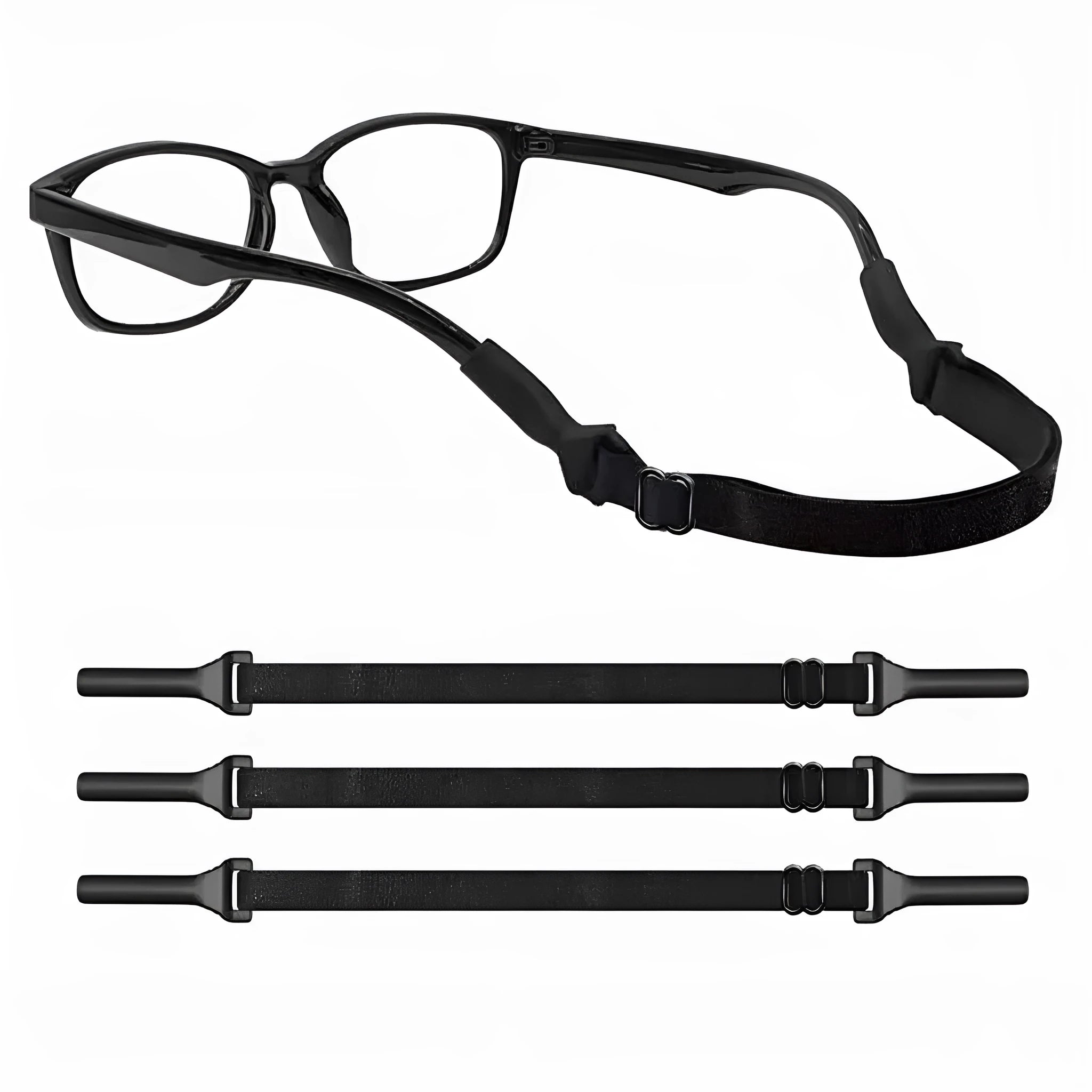 Black adjustable glasses cord strap with silicone ends shown on a pair of spectacles.