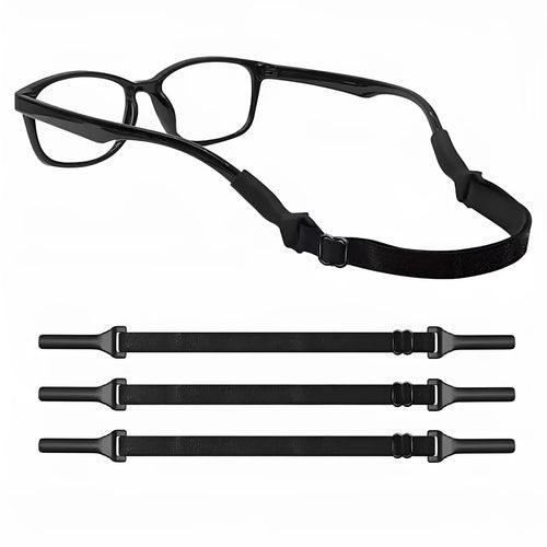 Black adjustable glasses cord strap with silicone ends shown on a pair of spectacles.