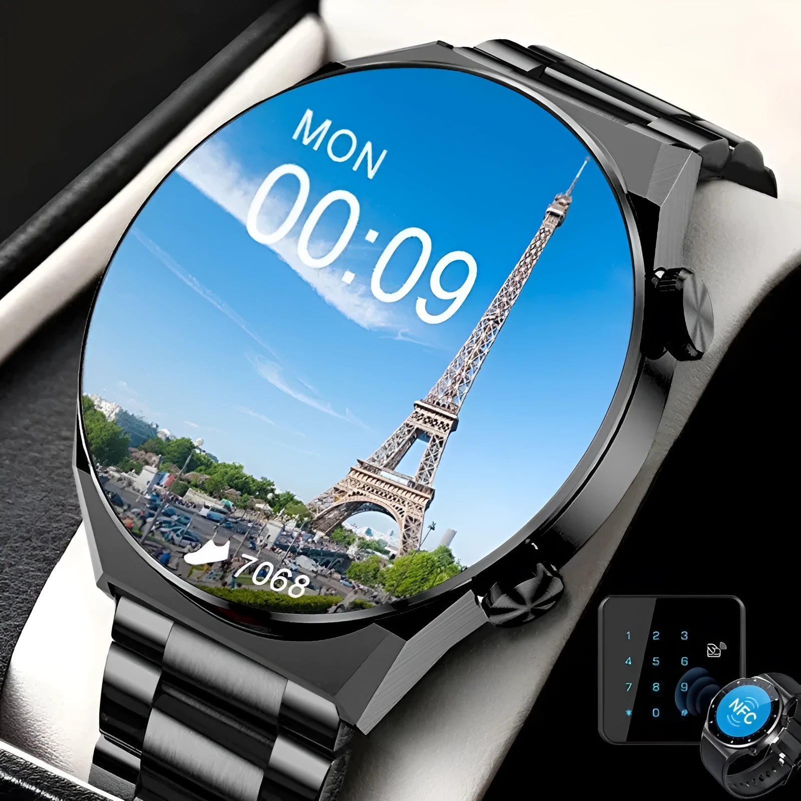 Smartwatch with TFT touch screen showing health metrics on wrist with silicone strap
