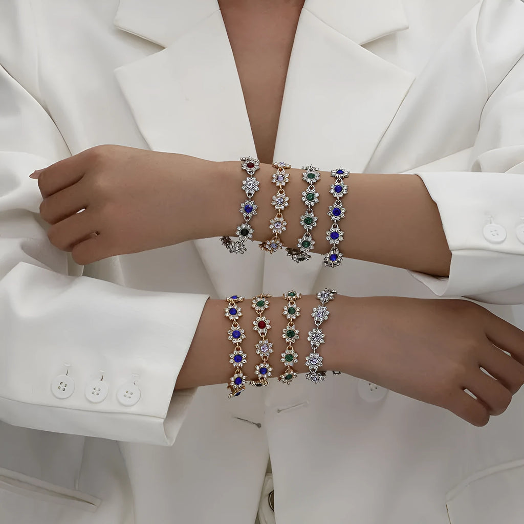 Electroplated zinc alloy flower bracelet with colourful crystal and diamond stones in gold and silver colour finishes