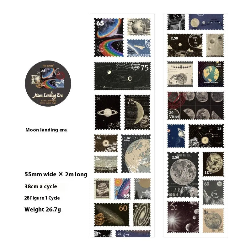 A roll of retro-design coated paper adhesive stamps, 55mm wide and 2 metres long.
