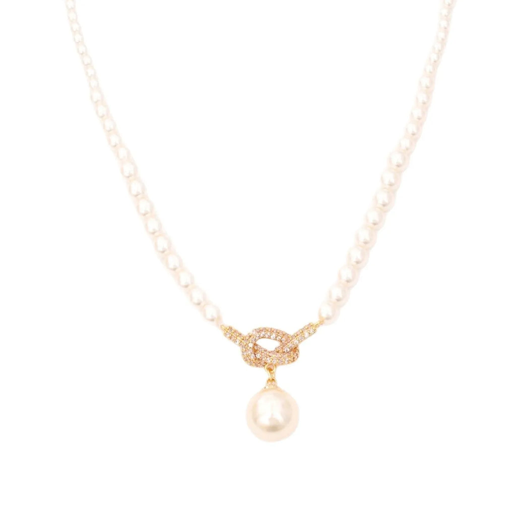 Knotted pearl pendant necklace with geometric brass micro inlay design for women