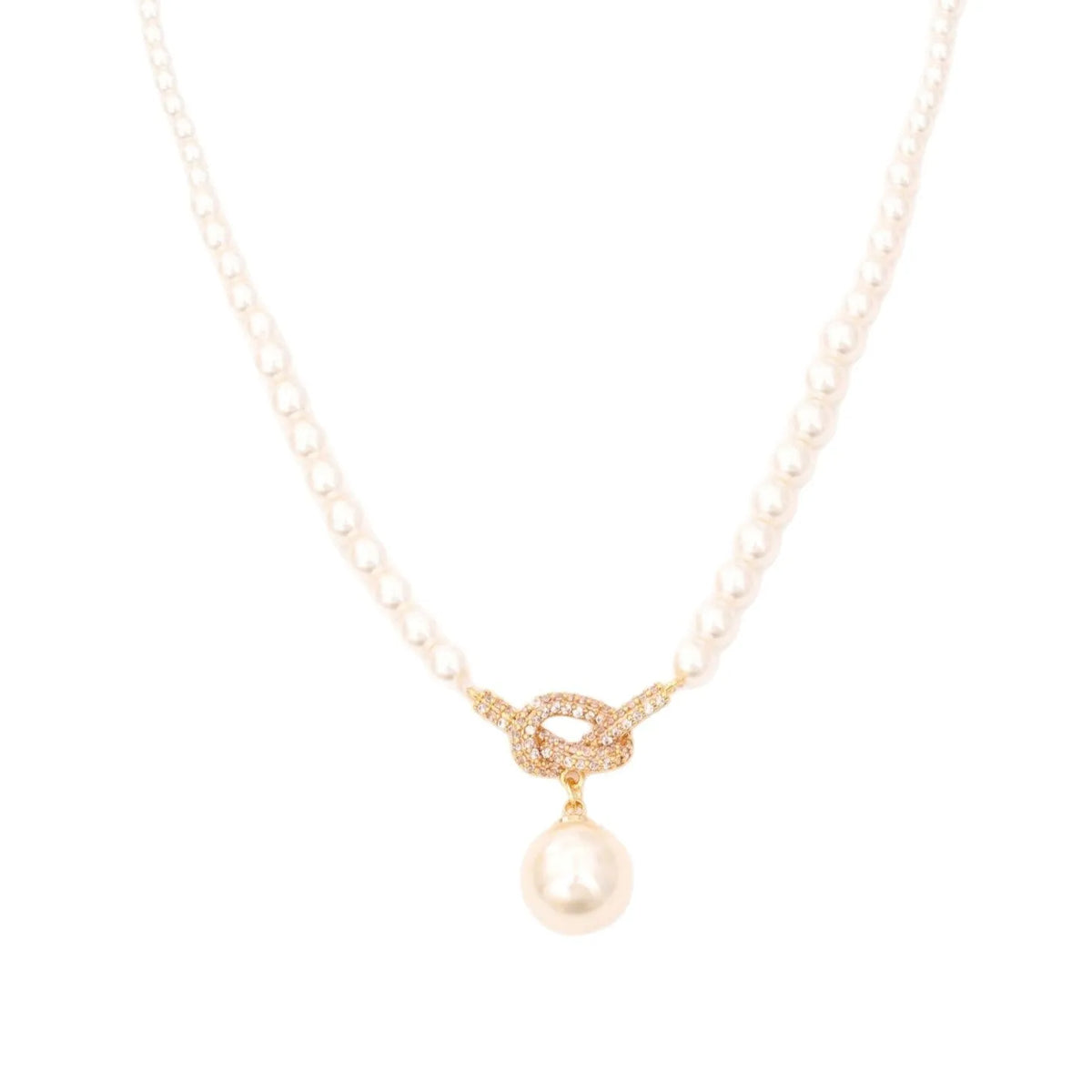 Knotted pearl pendant necklace with geometric brass micro inlay design for women