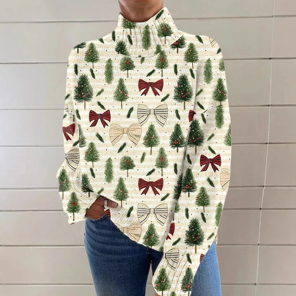 Women's loose fit Christmas printed turtleneck sweater with long sleeves in a macaron colour.