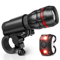 Bicycle front flashlight mounted on handlebar with bracket and separate red LED taillight for cycling safety.