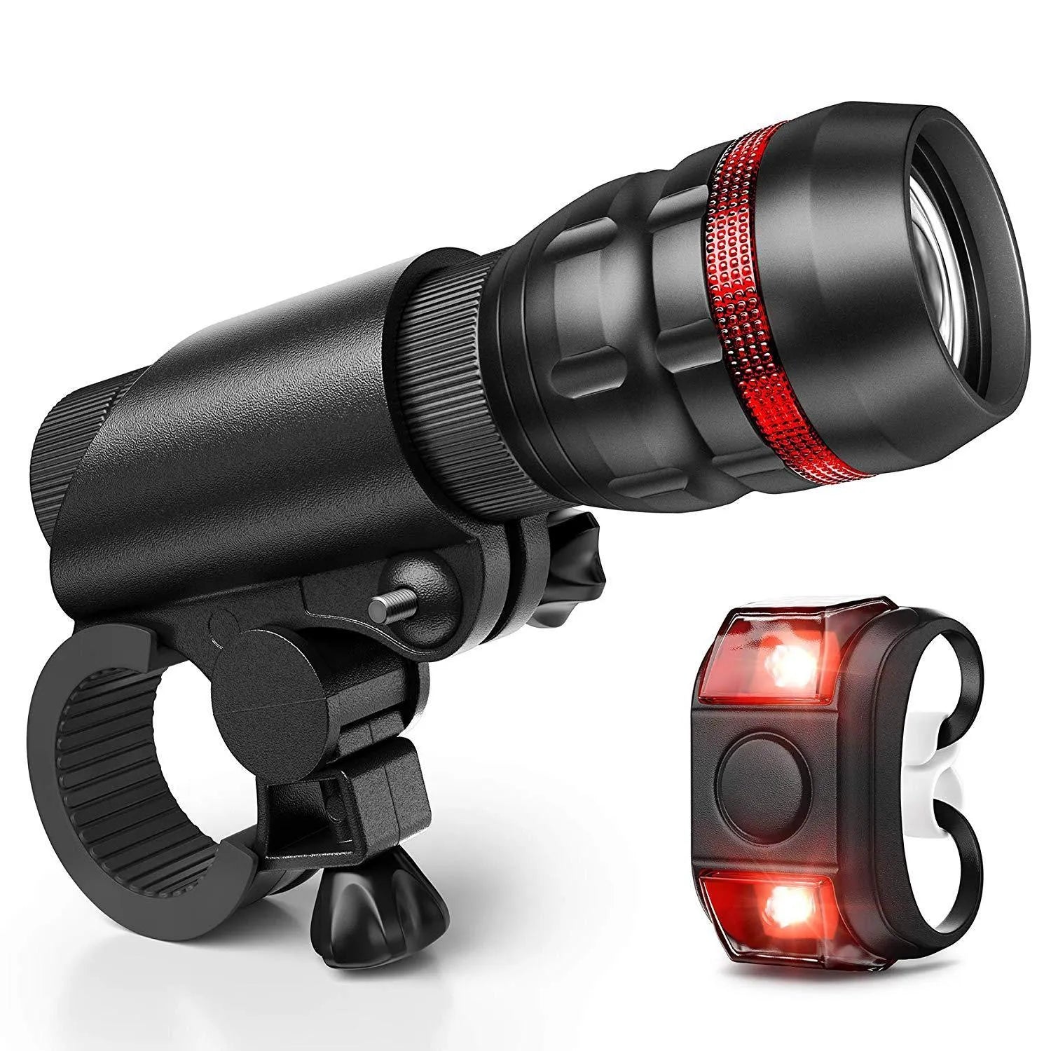 Bicycle front flashlight mounted on handlebar with bracket and separate red LED taillight for cycling safety.