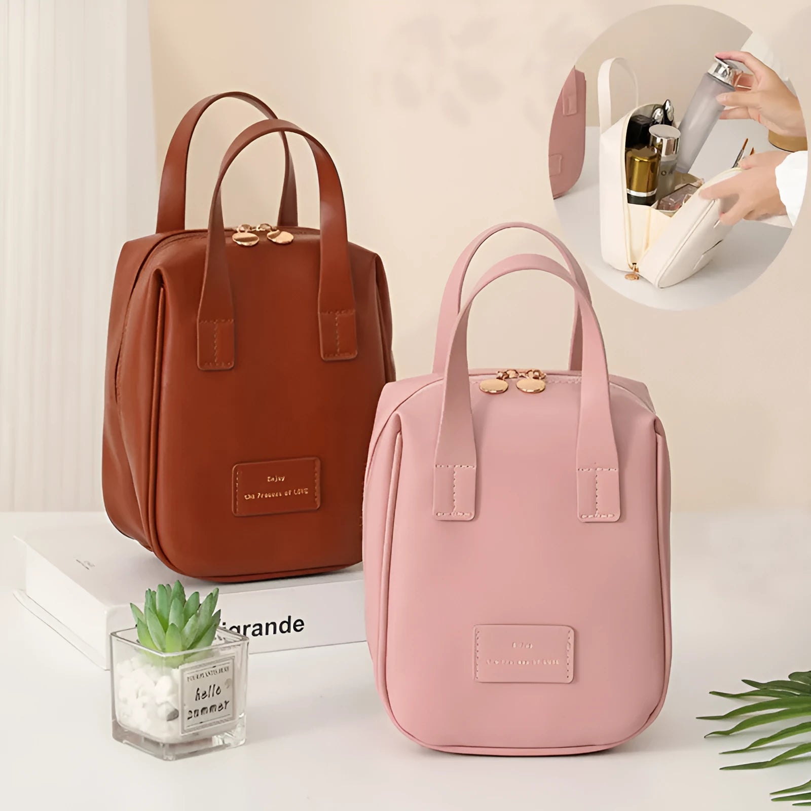 Handle-top cosmetic bag shell-shaped design in cream white with high capacity storage for travel and home use