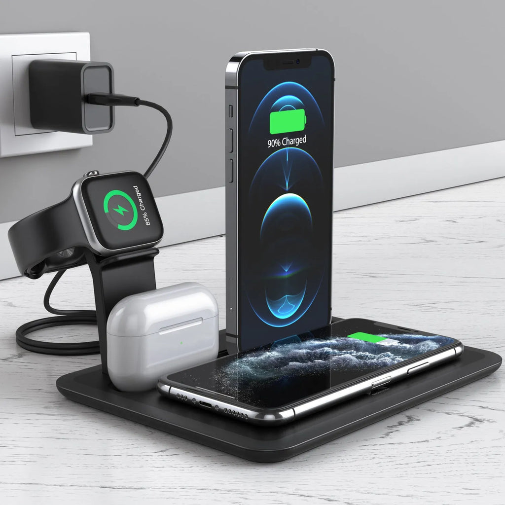 Black and white wireless charging desk stand holding a phone, smartwatch, and headphones.