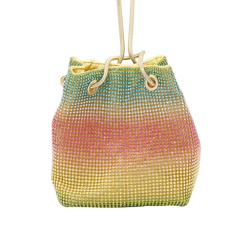 Soft rainbow-coloured rhinestone bucket bag with a flexible structure and classic shape.